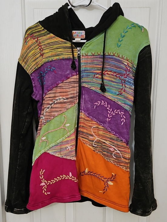 Crazy Cottons Jackets & Blazers - Crazy Cottons 100% Cotton Recycled Patchwork Zip Hoodie Y2K Sz L